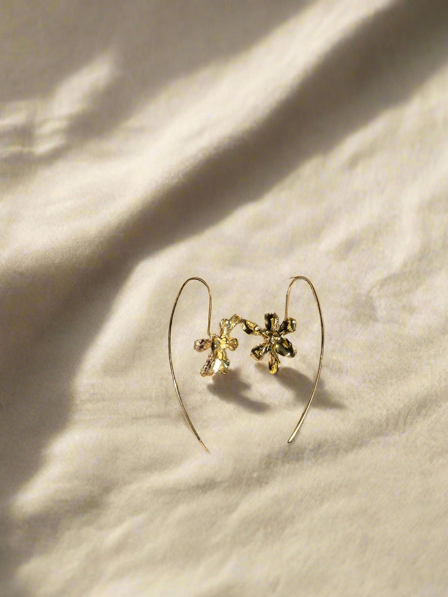Gold earring on a brown fabric surface