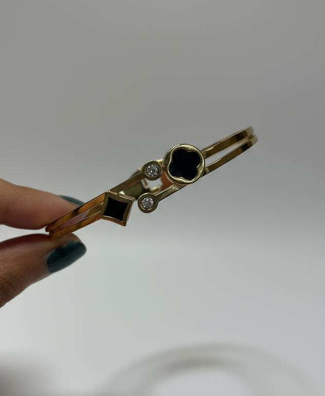 Gold cuff bracelet with black diamond stone anti tarnish