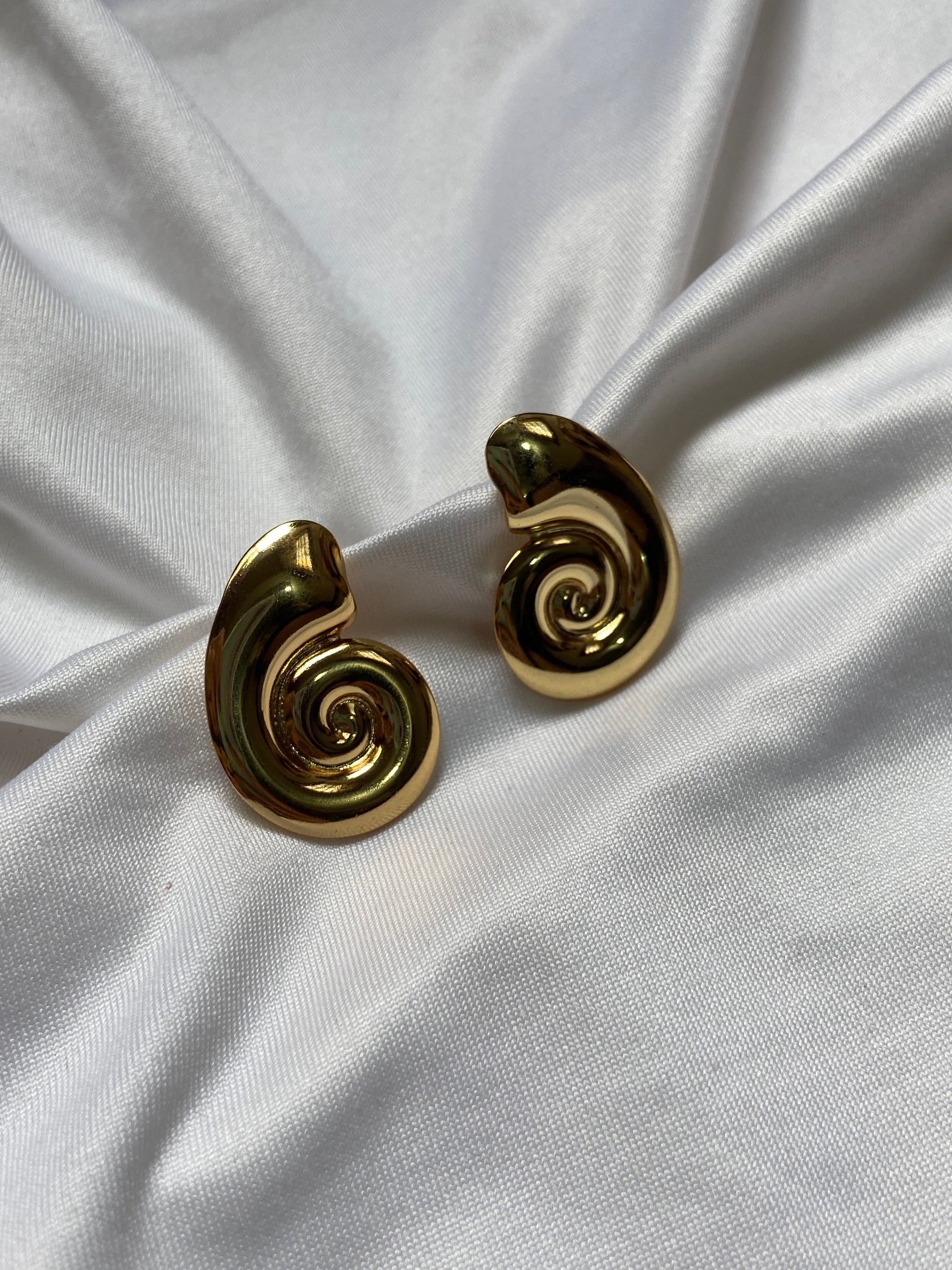 Gold spiral shell anti tarnish statement earrings